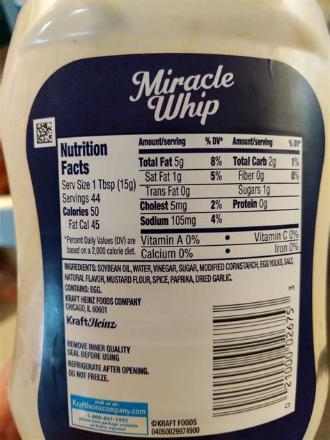 Nutrition Facts for Miracle Whip